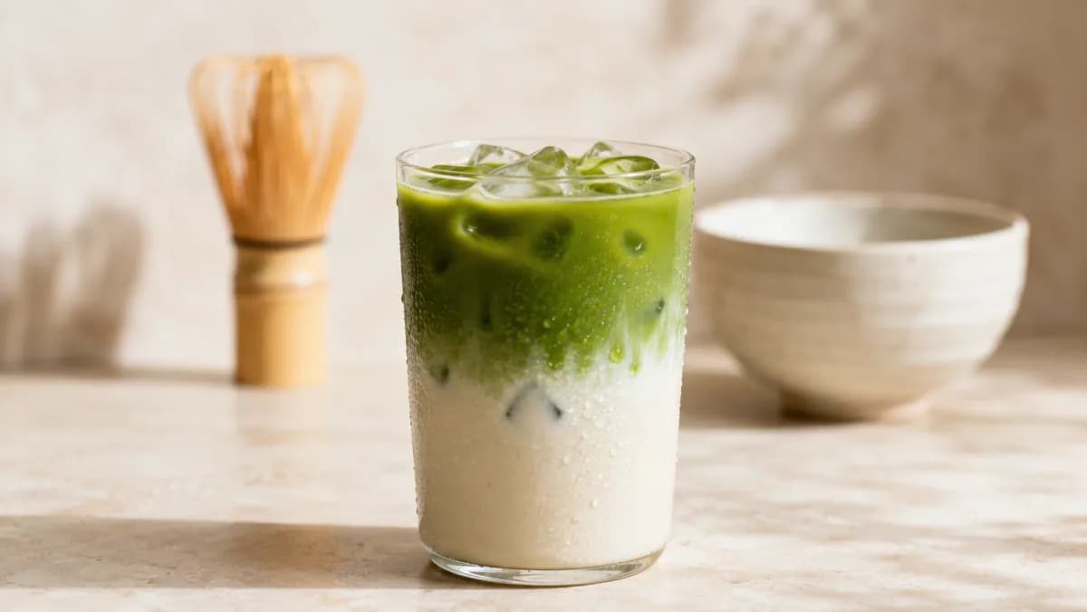 Geschichteter Iced Matcha Latte im Glas, unten cremige Milch, oben grüner Matcha über Eis, daneben ein Bambusbesen und eine Keramikschale