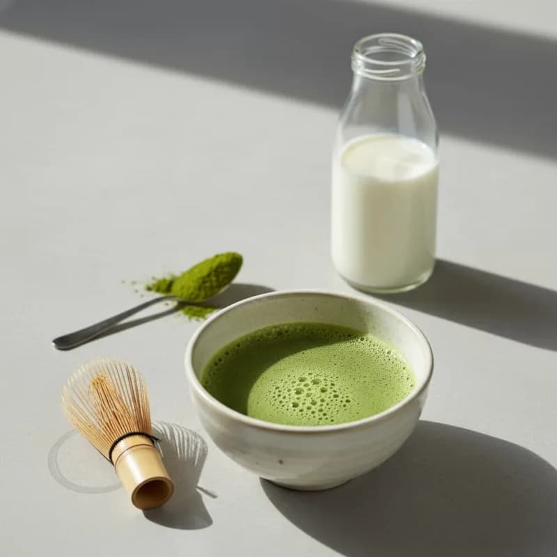 Schale Matcha neben Milchglas: Kontrast von Jadegrün und Weiß