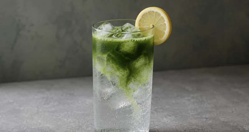Glas mit Eis, Tonic Water und einer grünen Matchaschicht obenauf