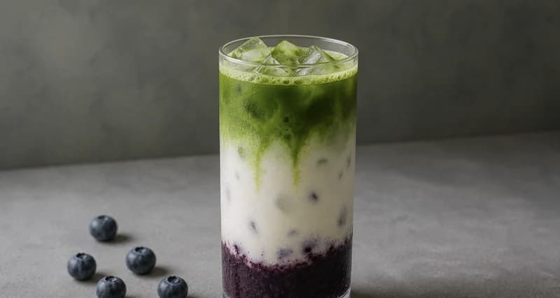 Glas mit violetter Heidelbeerschicht unten und grüner Matchaschicht oben