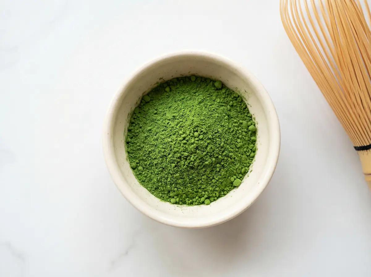 Nahaufnahme von leuchtend grünem Matcha Pulver mit sichtbarer feiner Textur