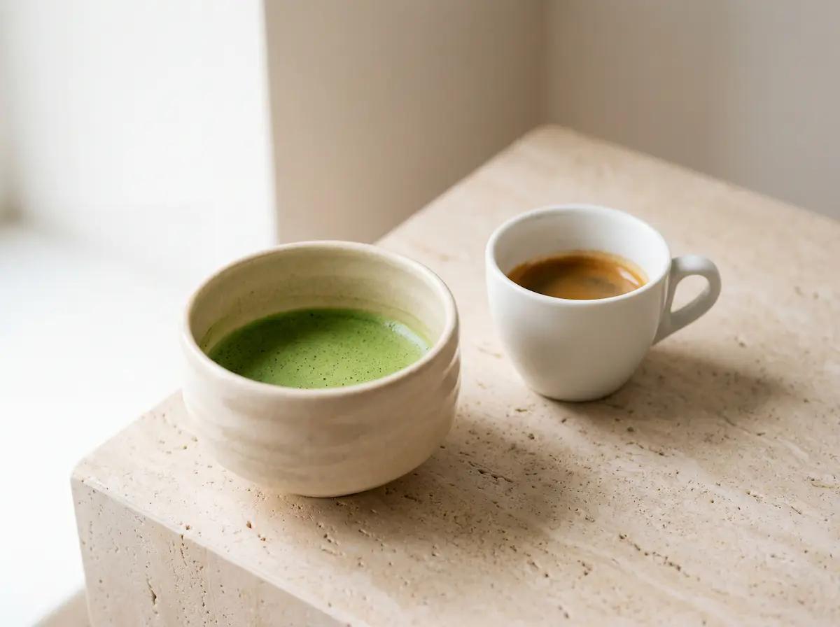 Matcha Schale neben Kaffeetasse - Vergleich zweier Koffeingetränke