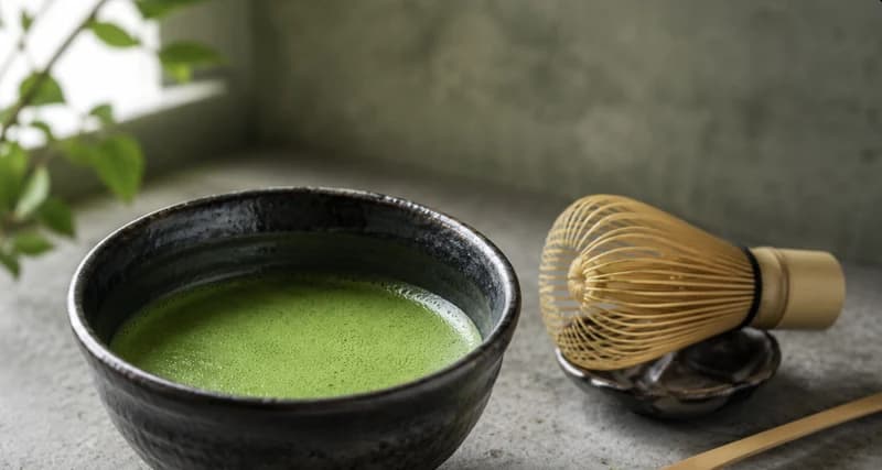 Matcha wird mit dem Bambusbesen in einer Schale aufgeschlagen