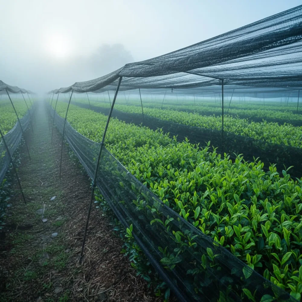 Beschattete Matcha-Teefelder im frühen Morgenlicht – dunkle Netze, diffuses Licht, sattes Tiefgrün